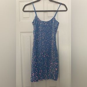 Iridescent Sequin Strappy Dress in Blue